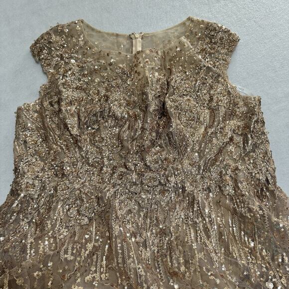 Mac Duggal 20398 Gold Sequin Fit & Flare Midi Dress 16 Cap Sleeves Cocktail NWT - Picture 15 of 16